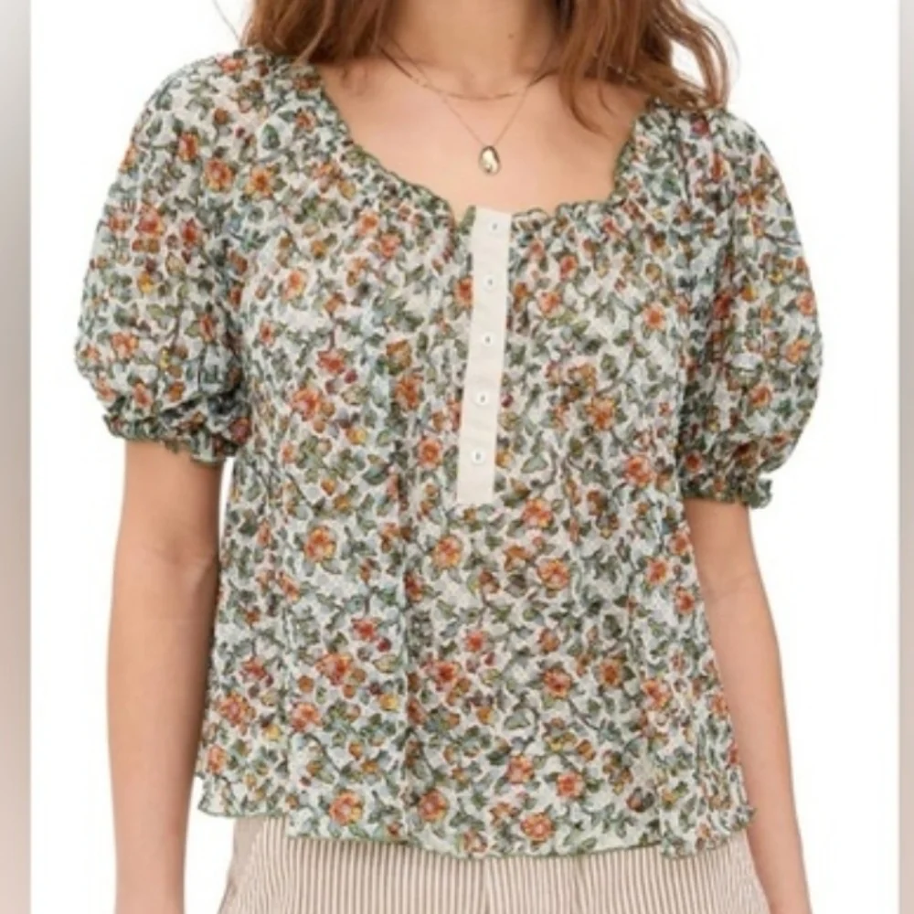 Free People Astra Peasant Swing Top Size S Daisy Floral Open Knit Puff Henley - Picture 1 of 13